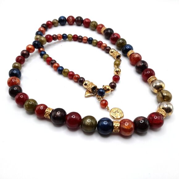 VTG Liz Claiborne Necklace Multi Color Resin Beads Gold Tone Hook Clasp, 33" - Picture 5 of 12